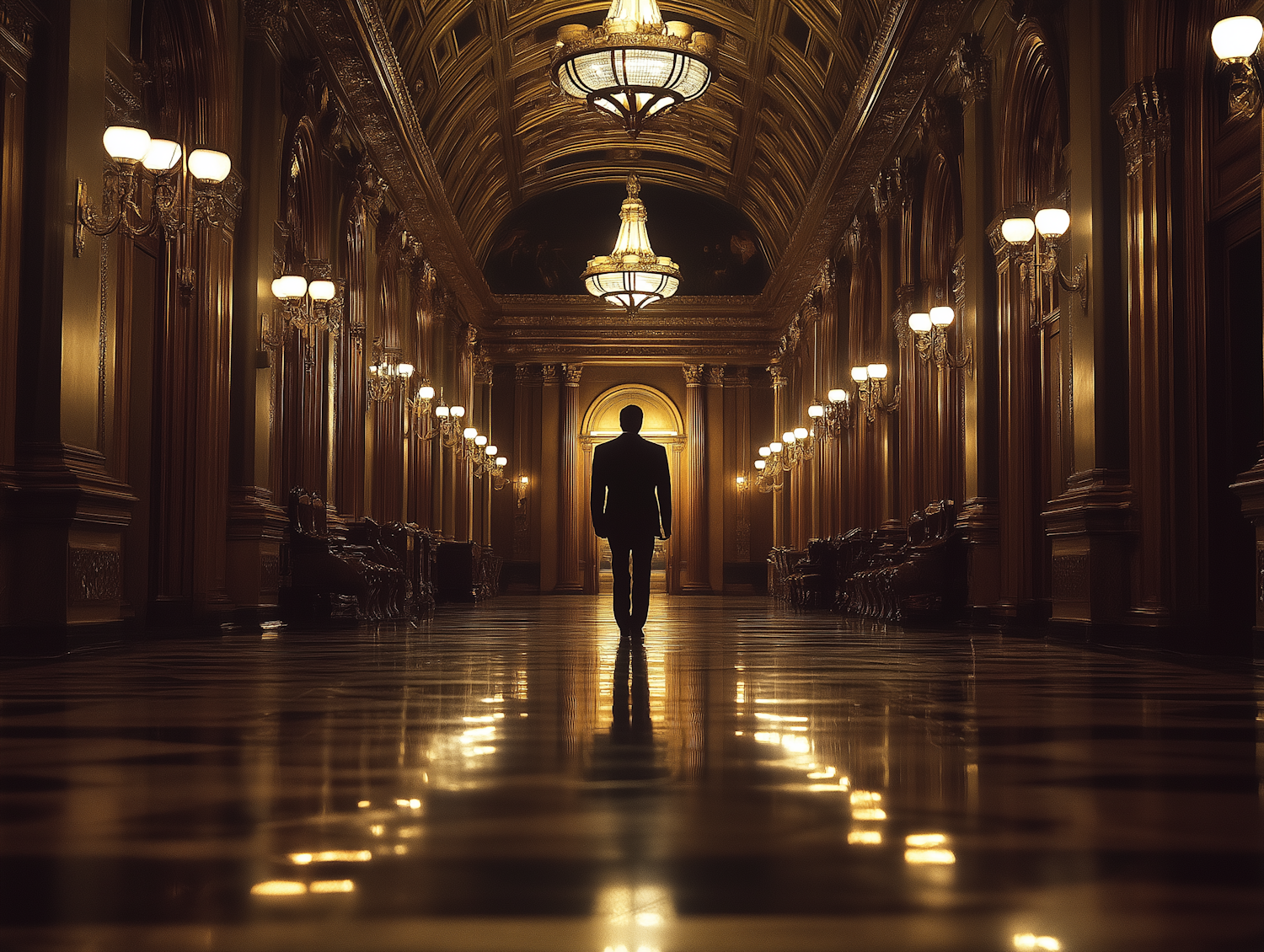 Grand Opulent Hallway with Solitary Figure