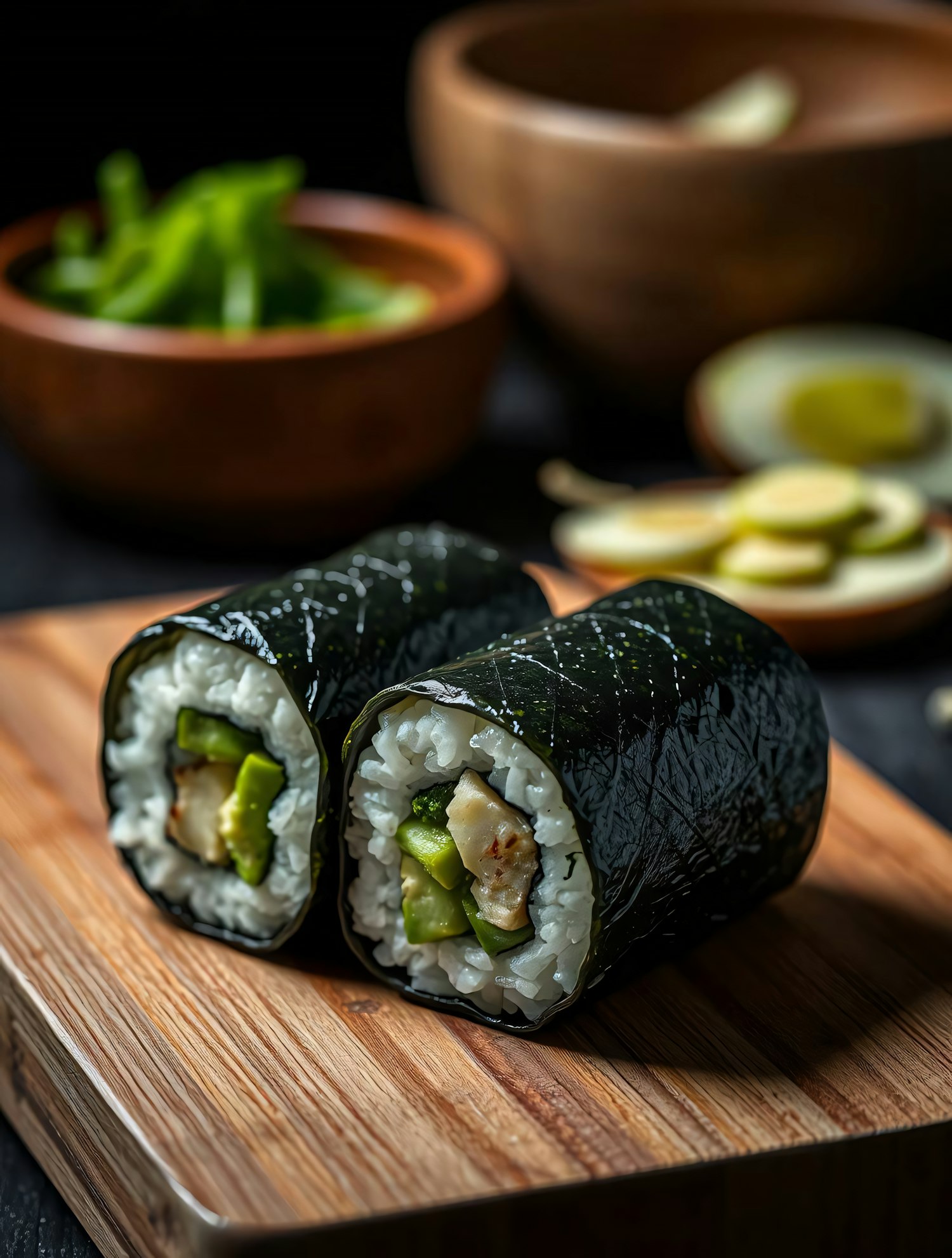 Sushi Rolls on Wooden Board