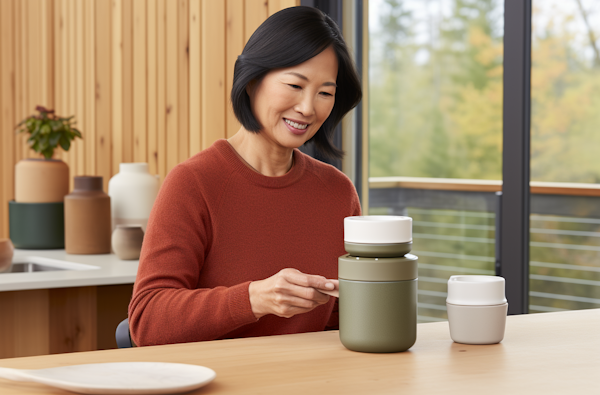 Autumn Serenity: East Asian Woman with Minimalist Containers