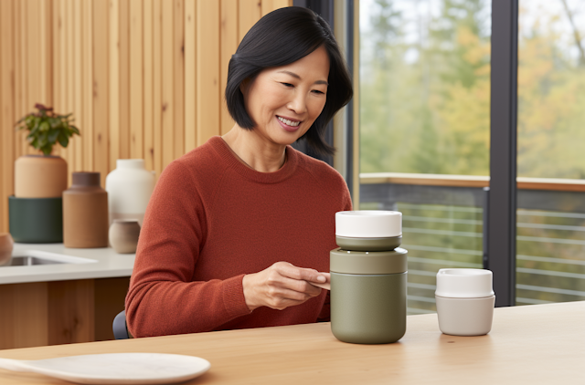 Autumn Serenity: East Asian Woman with Minimalist Containers