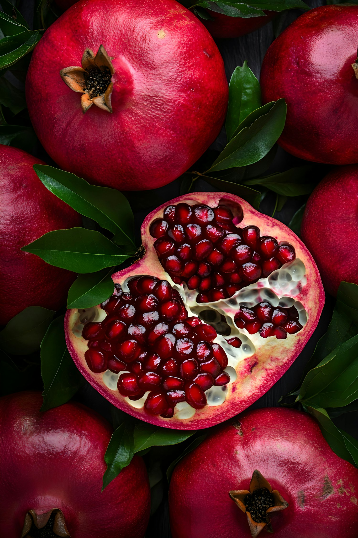 Striking Pomegranates and Green Leaves