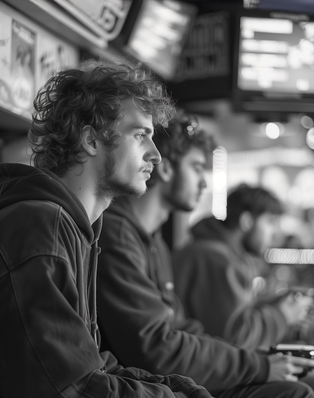 Contemplative Young Man with Curly Hair in Black and White