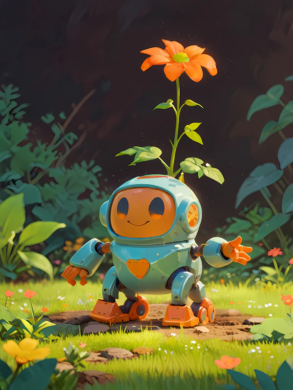 Cheerful Robot in Meadow