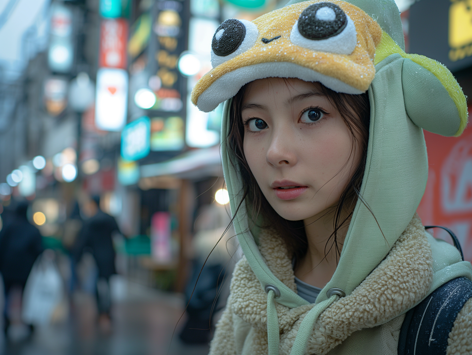 Woman with Cartoonish Creature Hoodie in Urban Setting