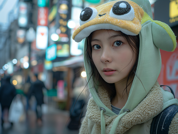 Woman with Cartoonish Creature Hoodie in Urban Setting