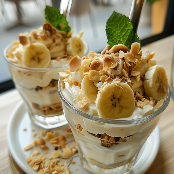 Banana Yogurt Parfaits on Wooden Table