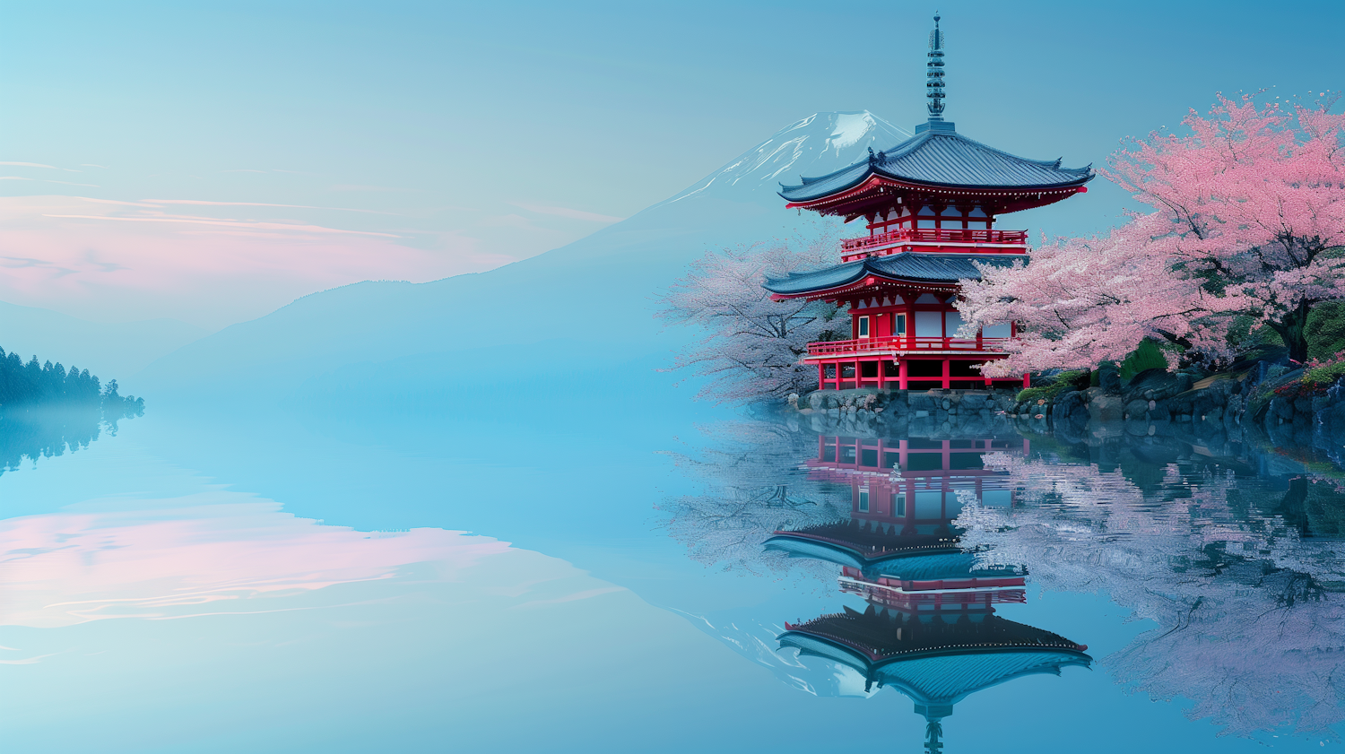 Serene Japanese Pagoda by Mount Fuji