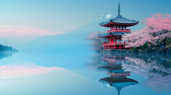 Serene Japanese Pagoda by Mount Fuji