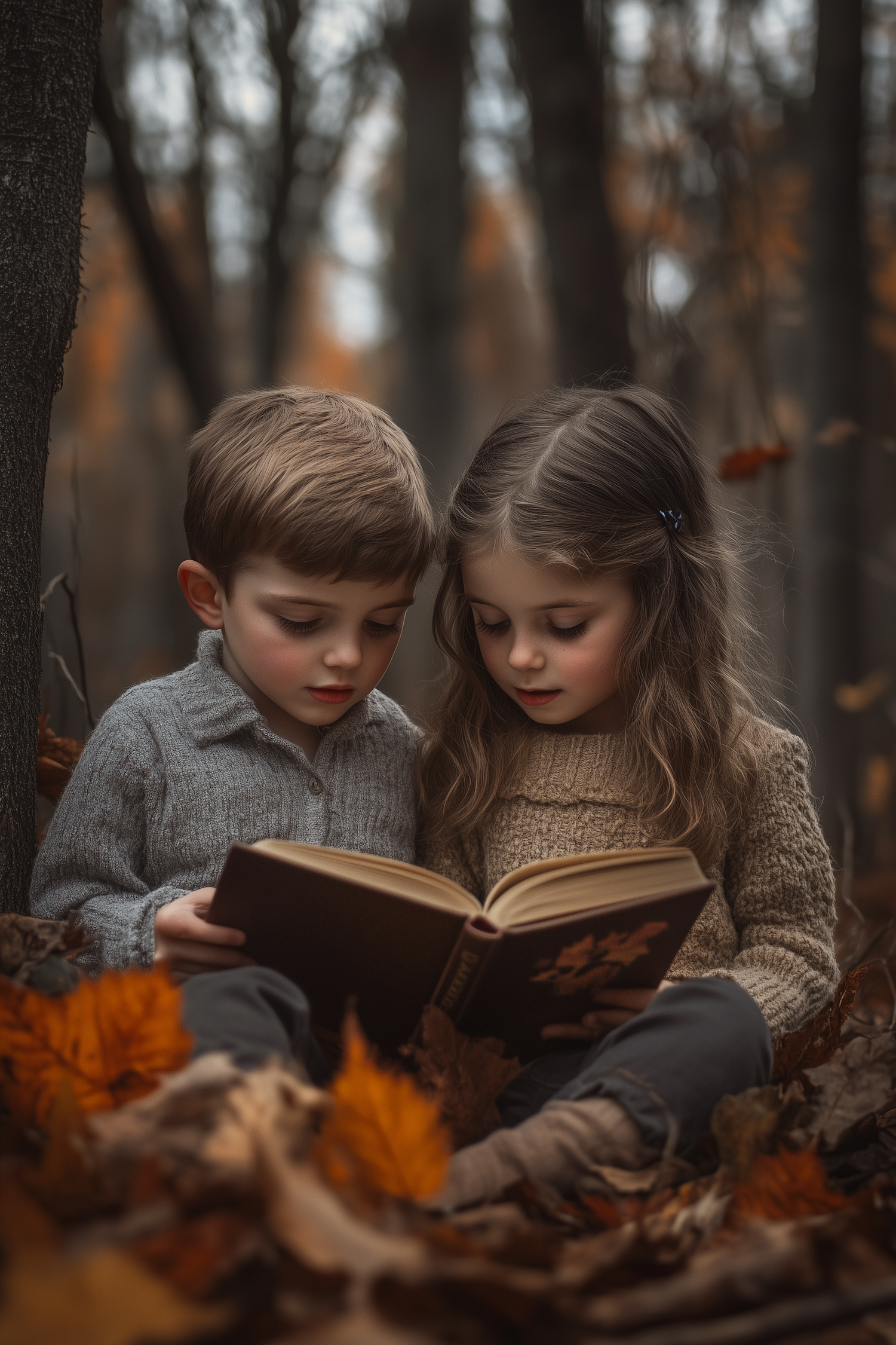 Boy and girl reading book in forest