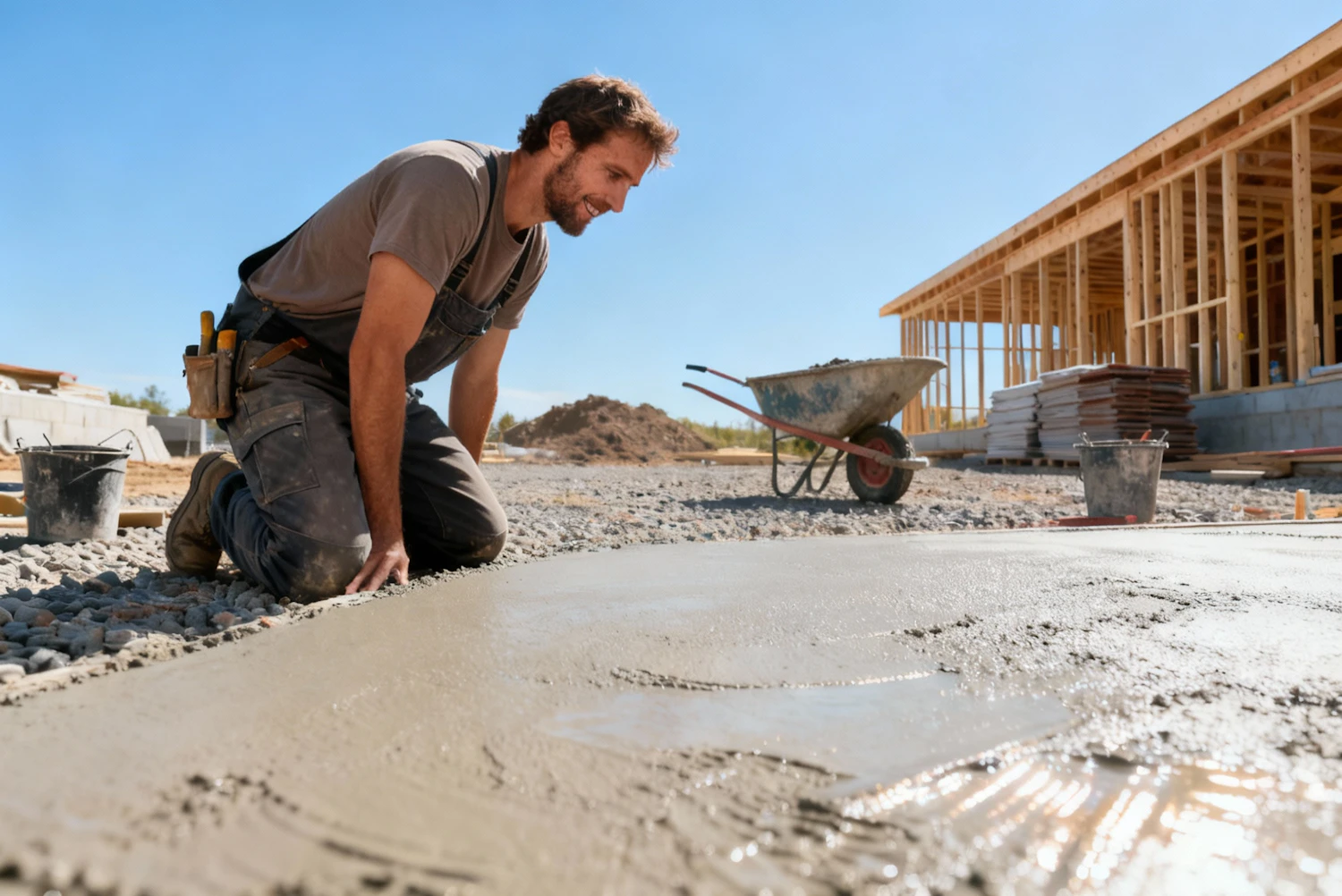 Concrete finisher smoothing a freshly poured slab on site