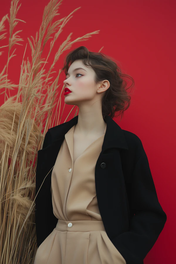 Contemplative Woman Against Red Background