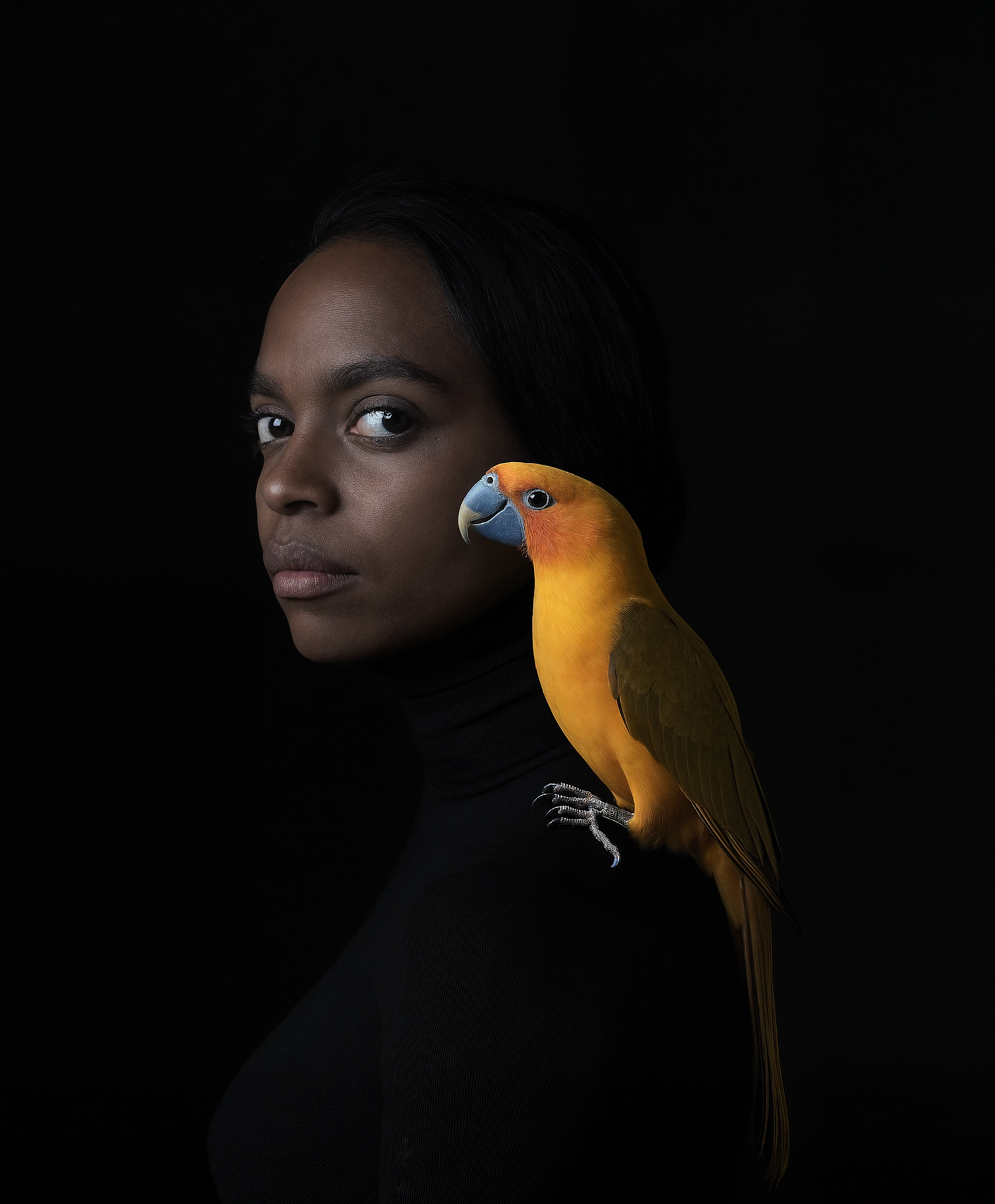 Serene Woman with Sun Conure Parrot