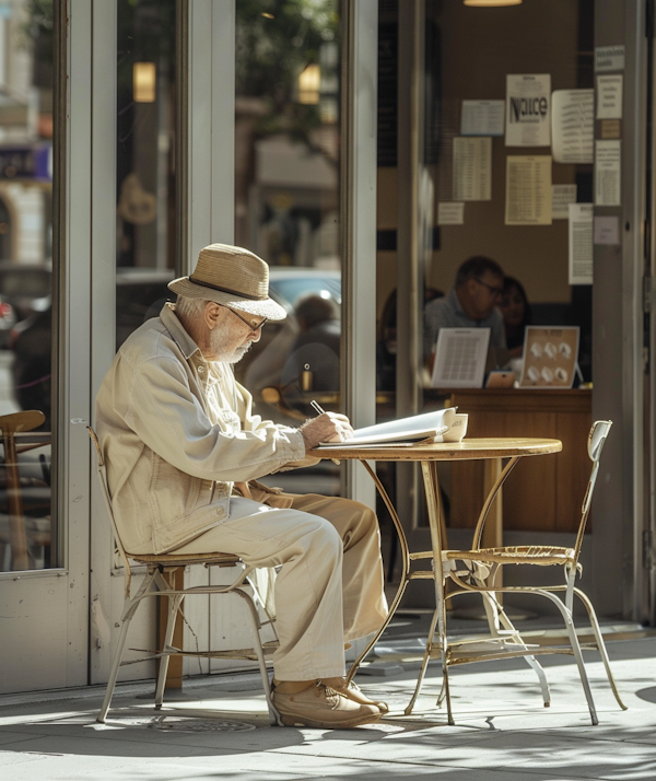 Elderly Man Writing at Café