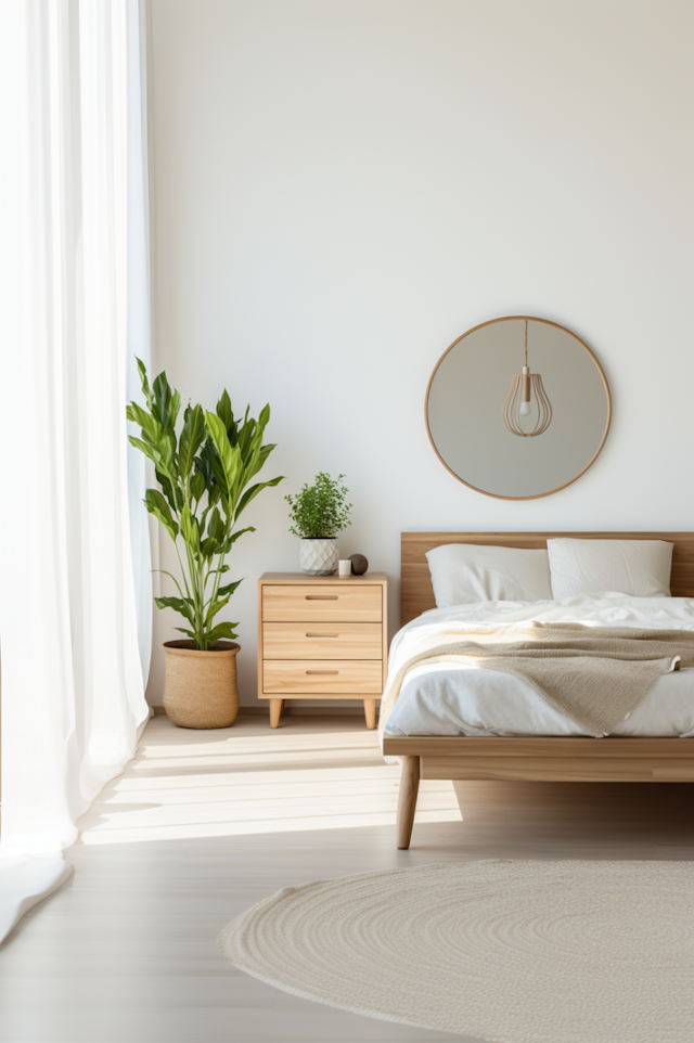 Minimalist Natural-Light Bedroom with White Linens and Green Accents