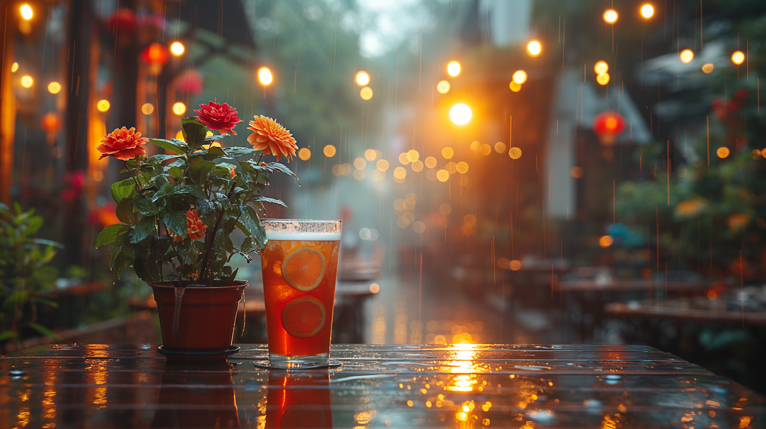 Rainy Evening at an Outdoor Cafe