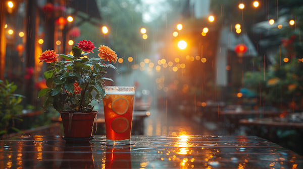 Rainy Evening at an Outdoor Cafe