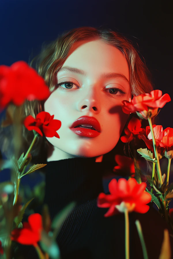 Portrait with Red Flowers