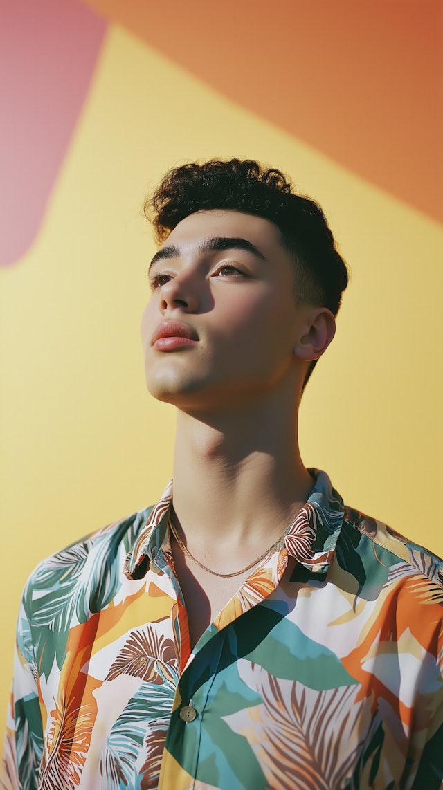 Contemplative Youth in Tropical Shirt