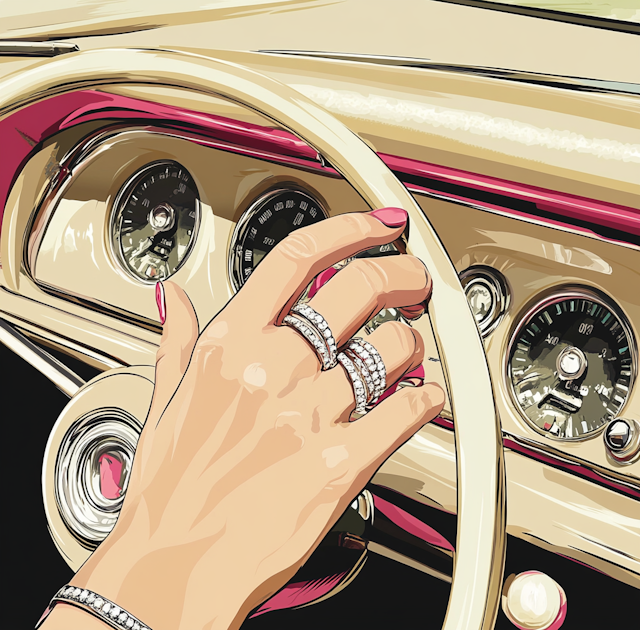 Vintage Car Steering with Jewelry-Adorned Hand