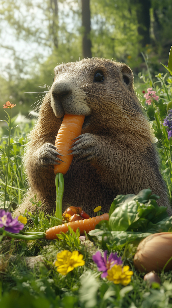 Groundhog in a Vibrant Garden