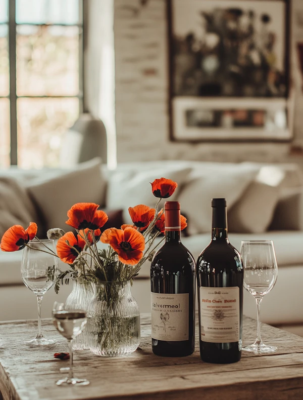 Cozy Table Setting with Poppies and Wine
