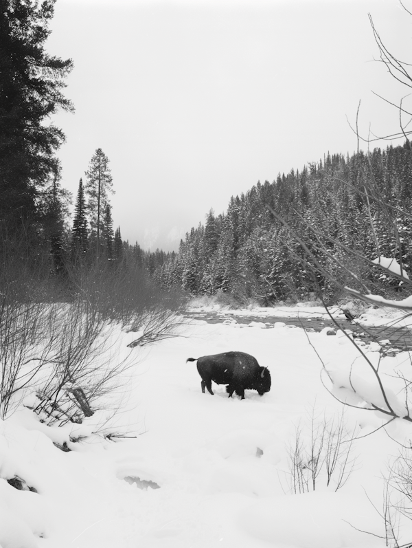 Solitary Bison in Snow-covered Landscape