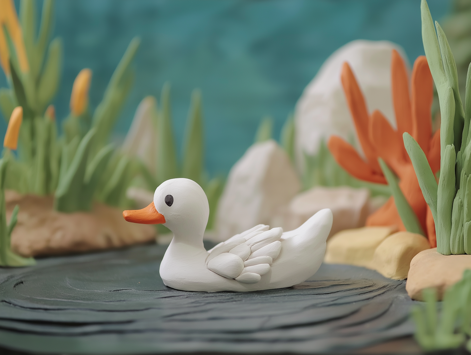 Claymation Duck in Serene Pond