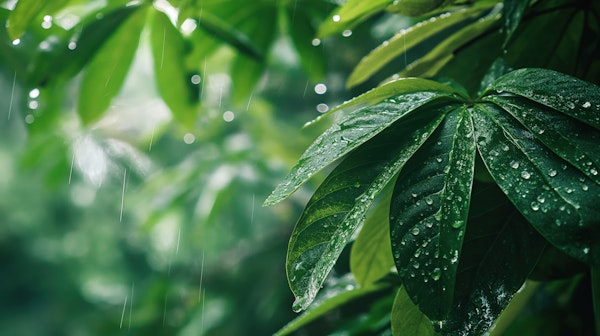 Serene Rain on Vibrant Green Leaves