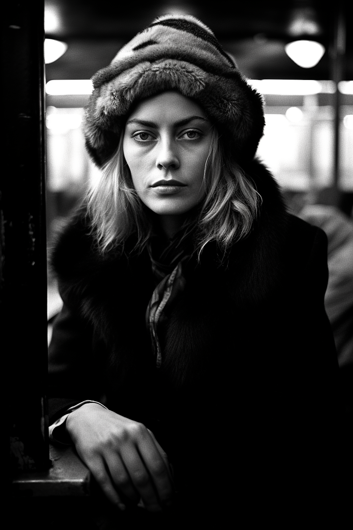 Contemplative Young Woman in Fur Hat