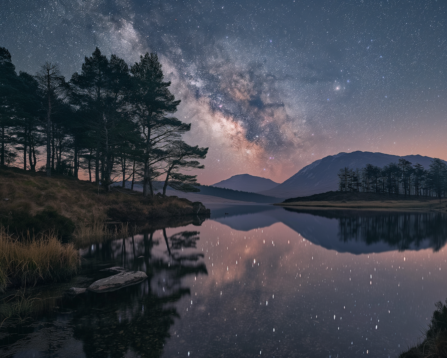 Serene Night Landscape with Milky Way Reflection