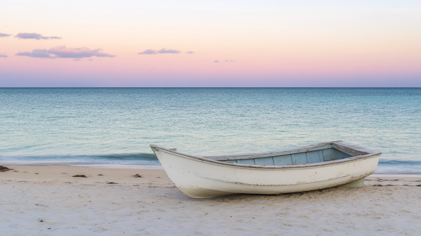 Serene Beach Scene with Weathered Boat