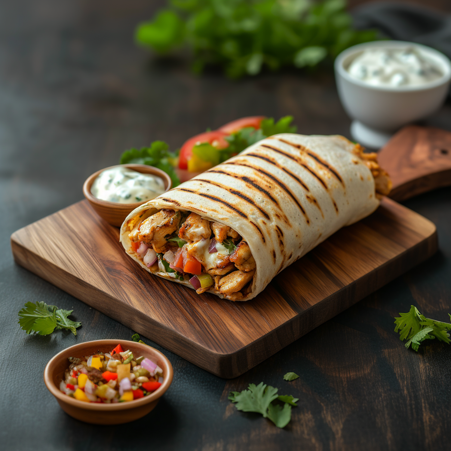 Grilled Chicken Wrap with Fresh Vegetables and Dipping Sauces