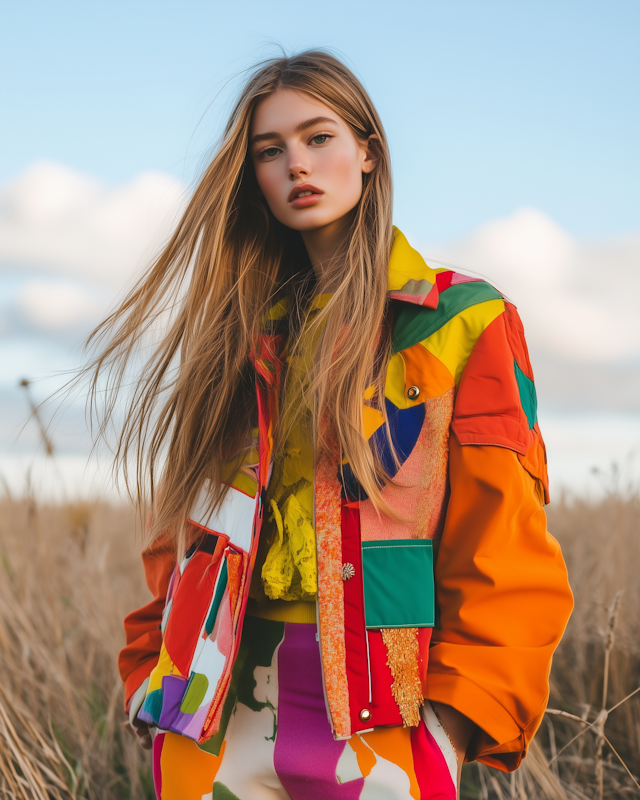 Woman in Vibrant Jacket in Field