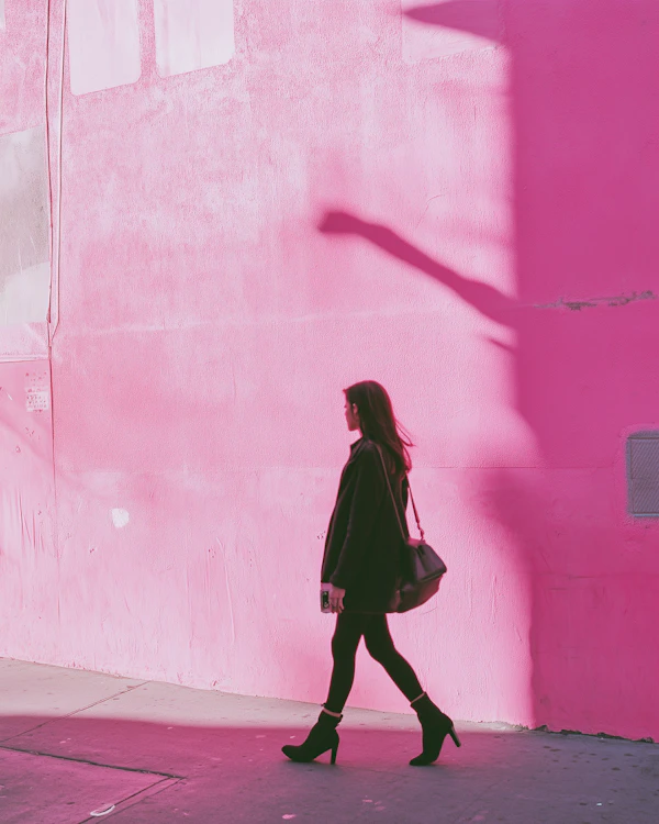 Woman Walking Against Pink Wall