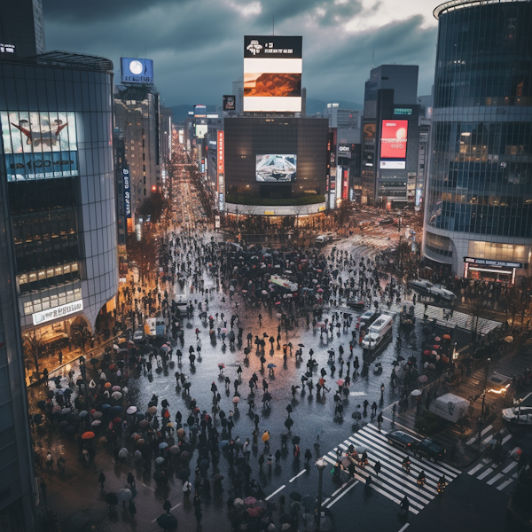 Rainy Urban Dusk: City Lights and Crowds