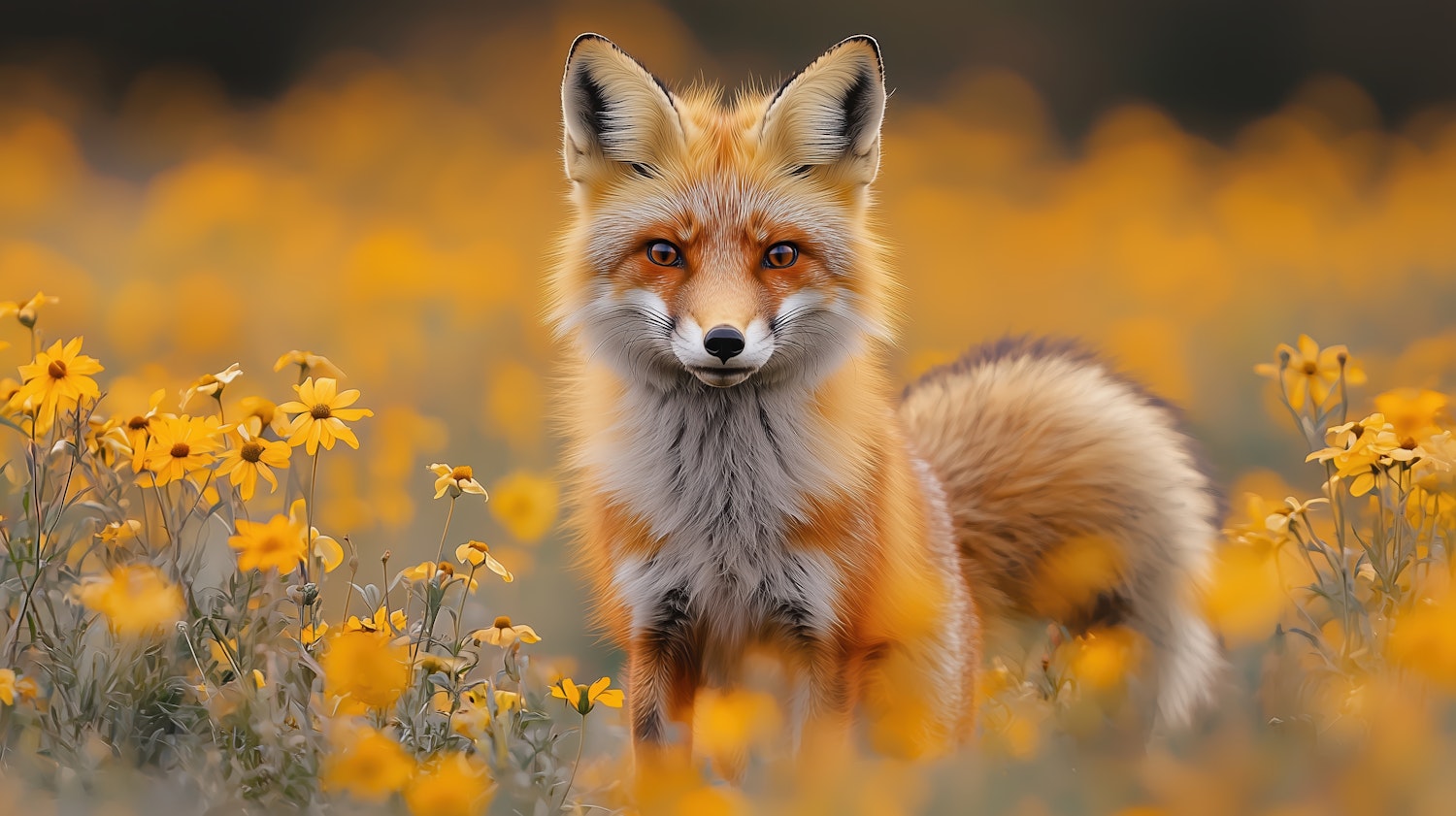 Red Fox in Yellow Flower Field