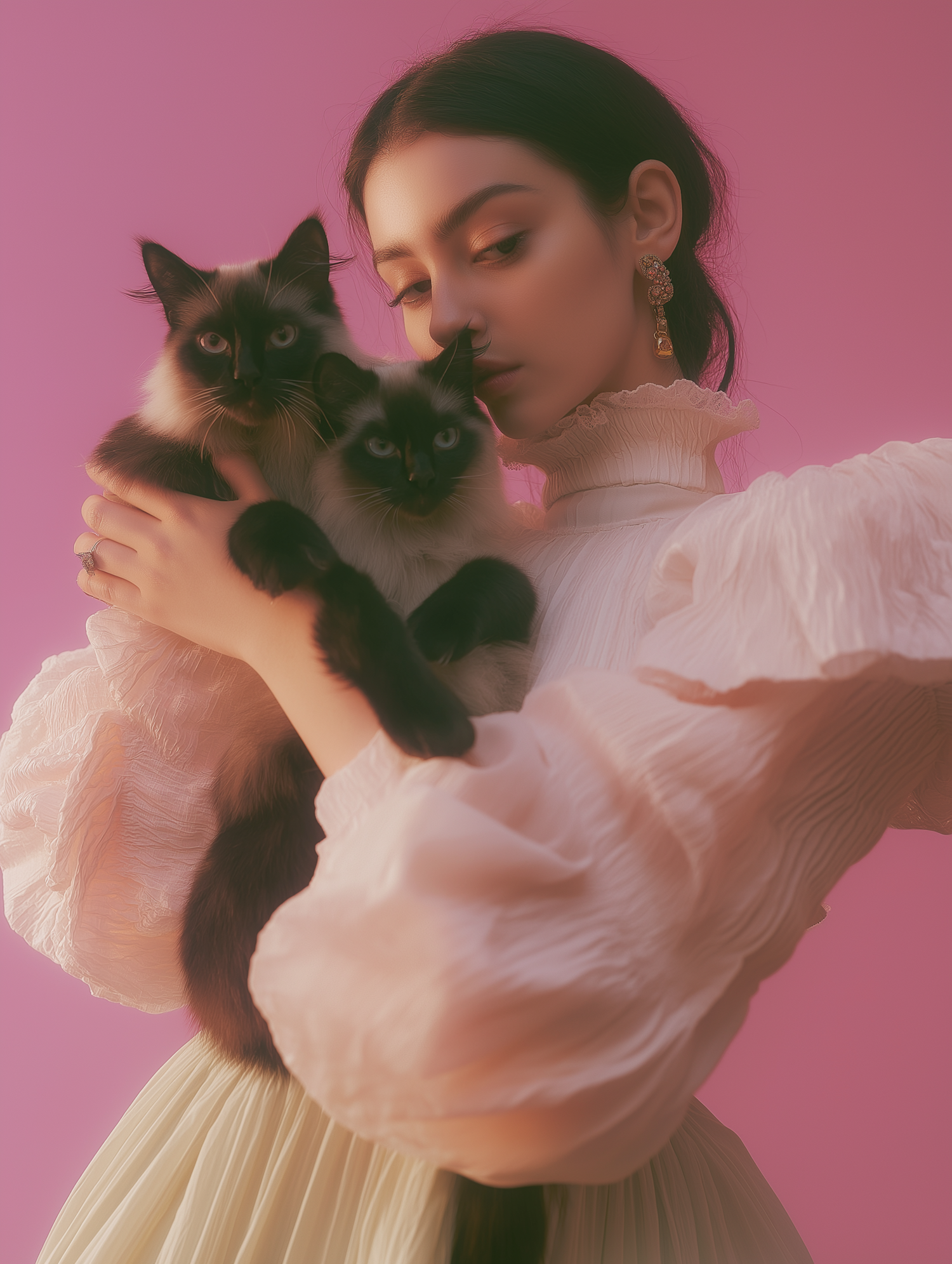 Serene Woman with Siamese Cats