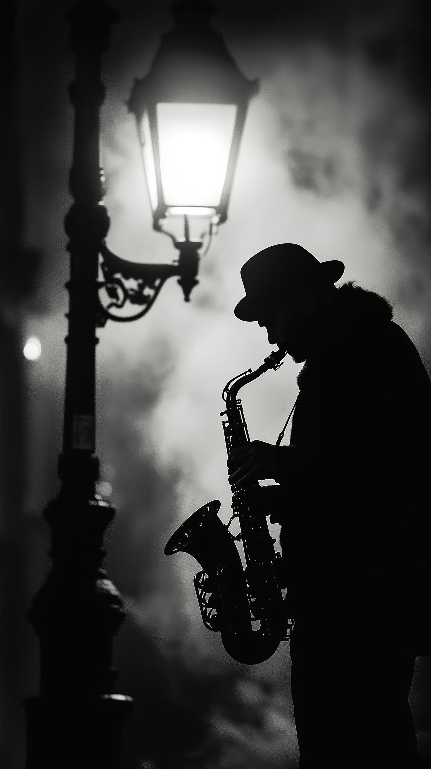 Silhouetted Saxophonist Under Streetlamp