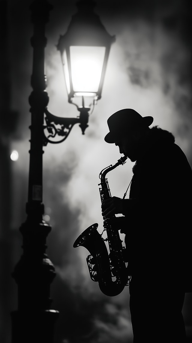 Silhouetted Saxophonist Under Streetlamp