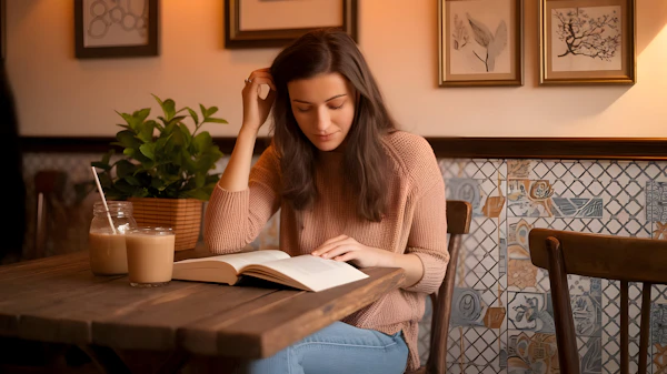 Woman Reading in Café
