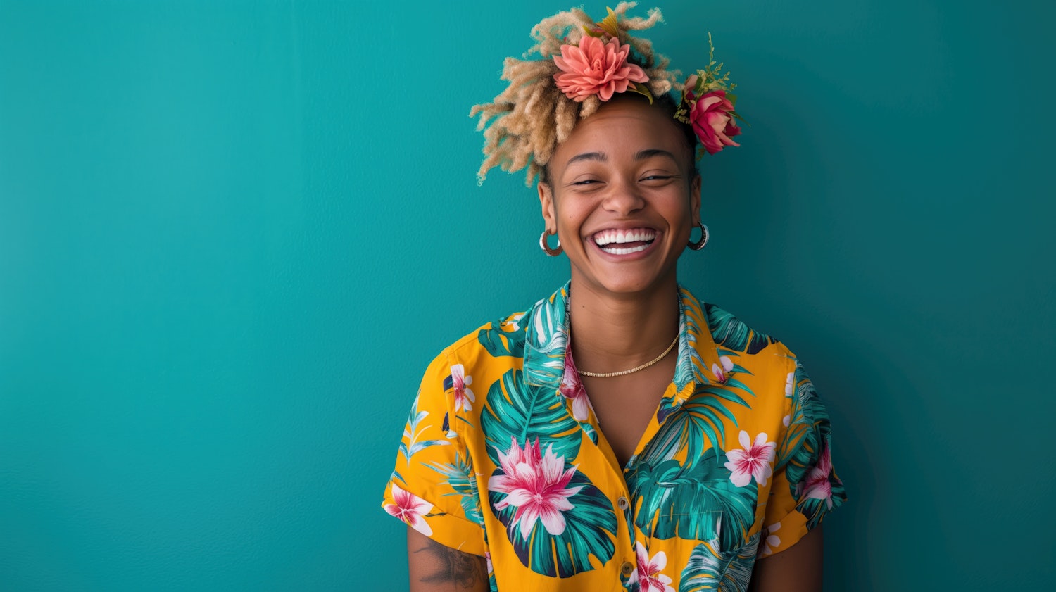 Joyful Person in Vibrant Floral Shirt