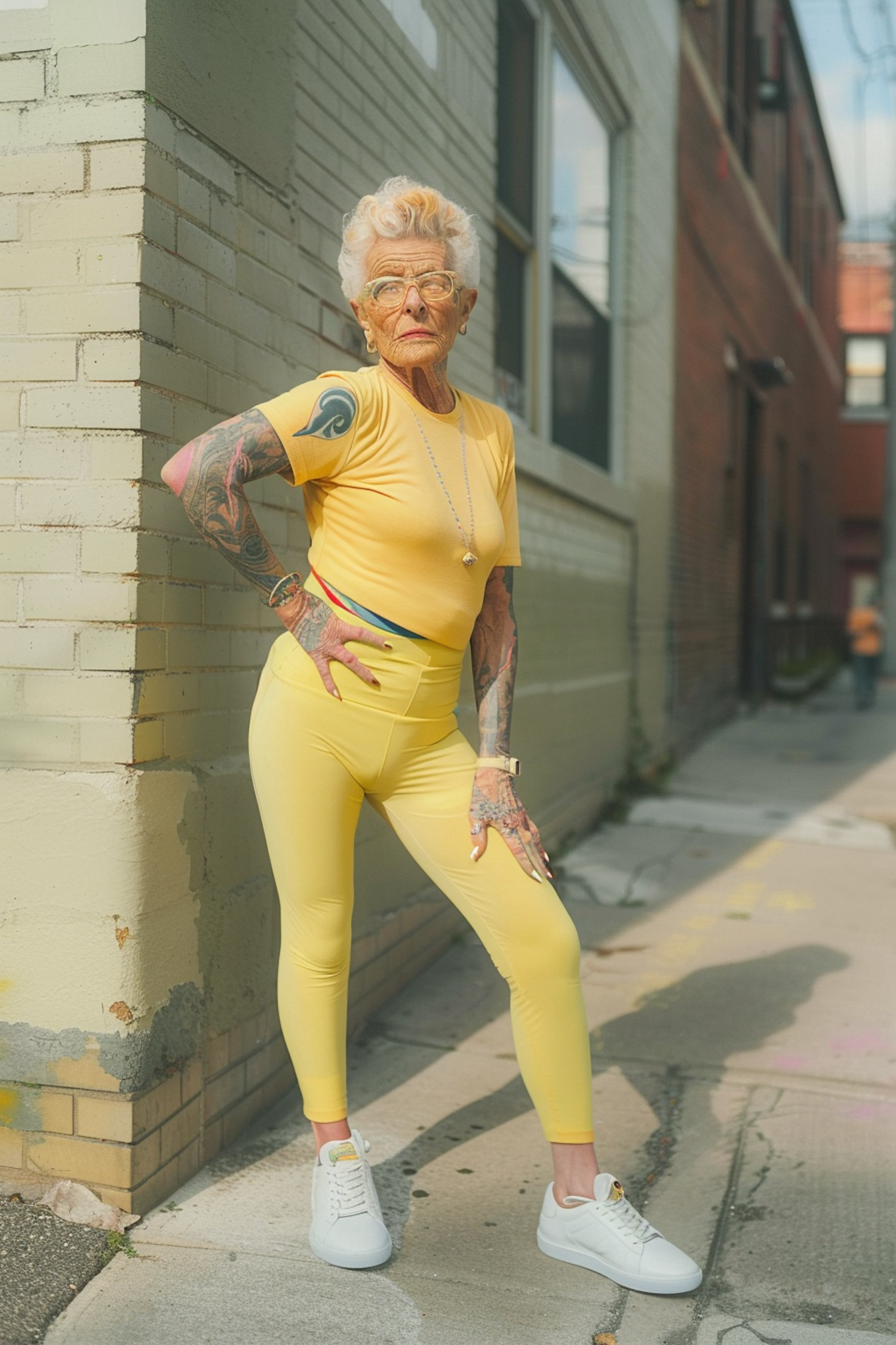 Elderly Woman with Vibrant Tattoos in Urban Setting