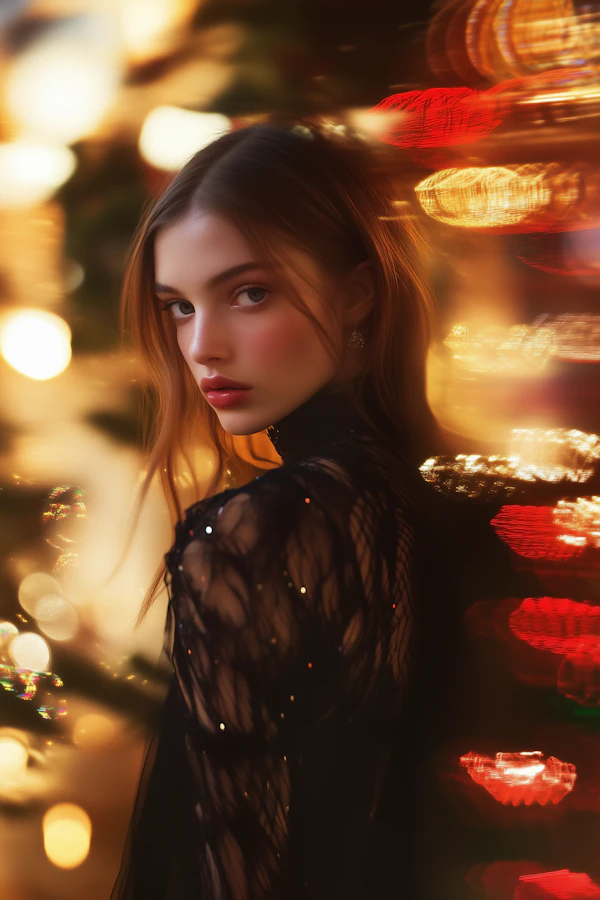Elegant Woman in Festive Lights