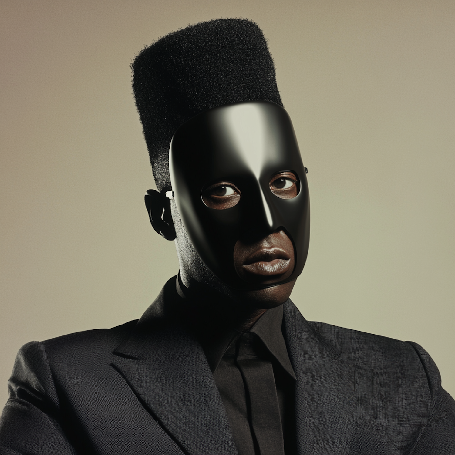 Masked Individual with High-Top Fade