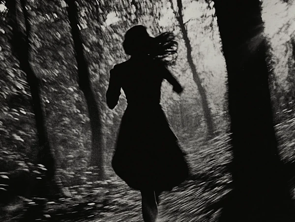 Silhouette of a Person Running Through a Forest