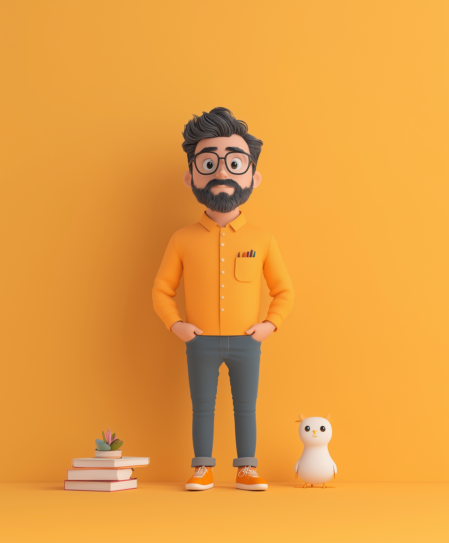 Cartoon Character with Owl and Books