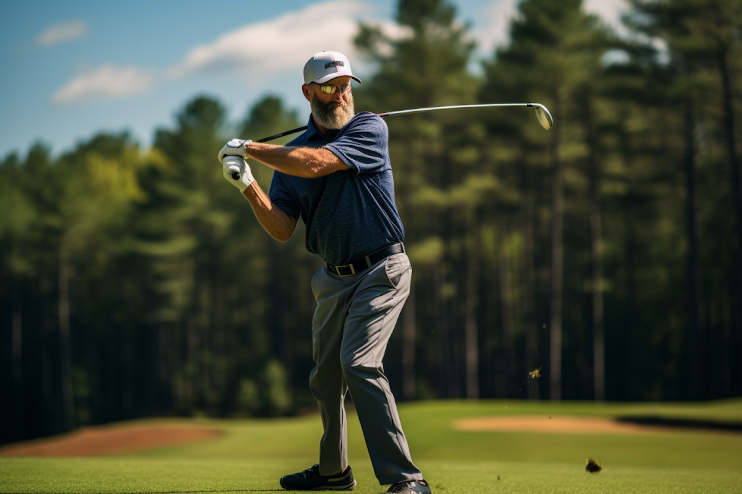 Focused Golfer in Mid-Swing on Serene Course