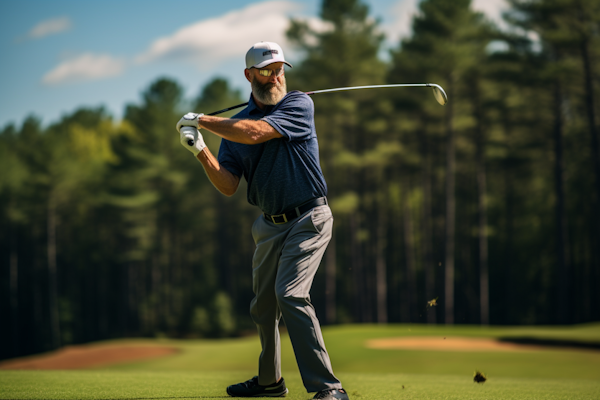 Focused Golfer in Mid-Swing on Serene Course