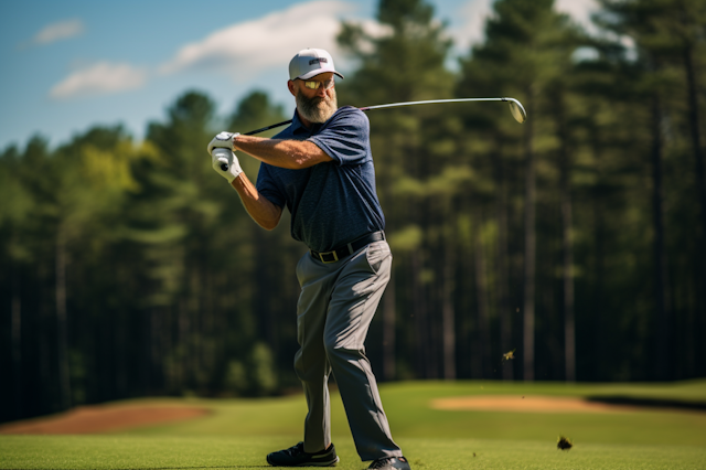 Focused Golfer in Mid-Swing on Serene Course