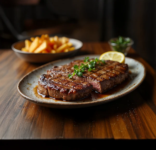 Grilled Steak on Rustic Table